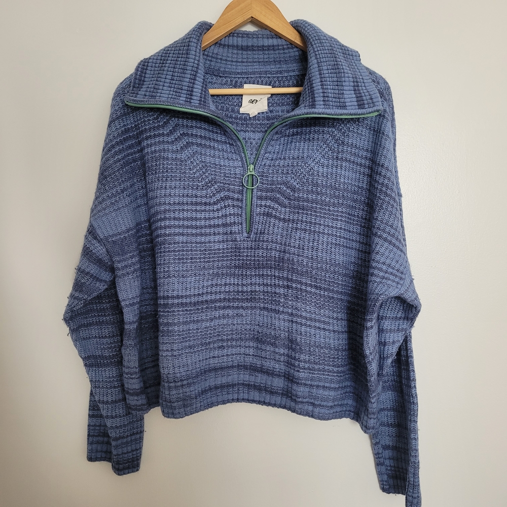 Aerie Quarter Half Zip-Up Sweater Pullover Size XL Boxy Slouchy Blue Stripes